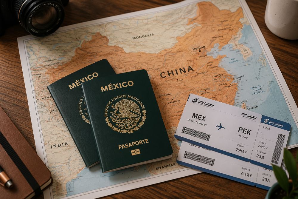 foto de una mesa con unmapa de china, pasaportes mexicanos y dos boletos de avion destino a china